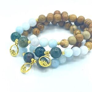 Mountain ocean jasper aquamarine wood grain stone beaded stretch bracelet ONE NE